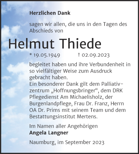 Traueranzeige von Helmut Thiede von Wochenspiegel Naumburg/Nebra