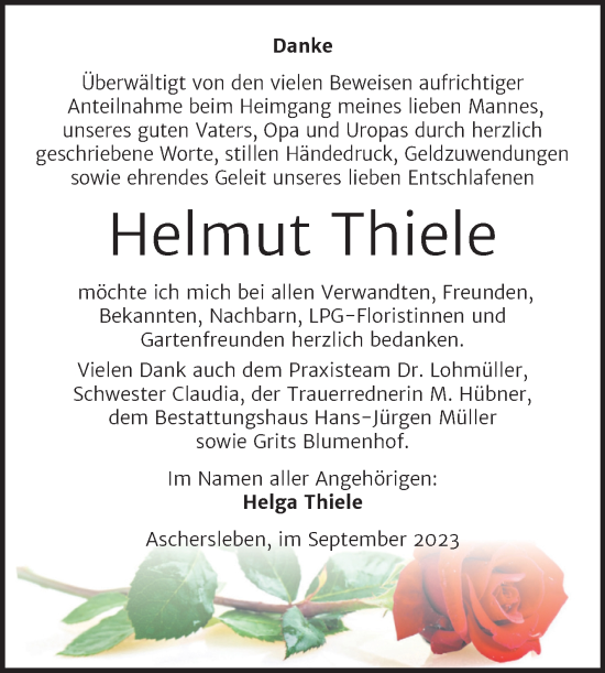 Traueranzeige von Helmut Thiele von Trauerkombi Aschersleben