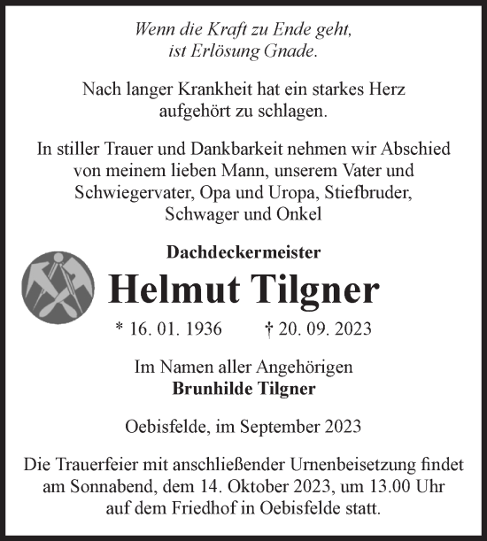 Traueranzeige von Helmut Tilgner von Volksstimme Altmark West