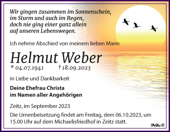 Traueranzeige von Helmut Weber von Trauerkombi Zeitz