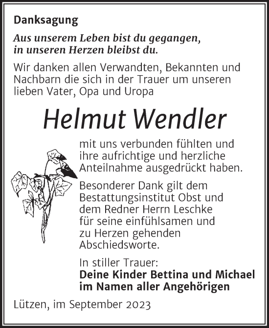 Traueranzeige von Helmut Wendler von Trauerkombi Weißenfels