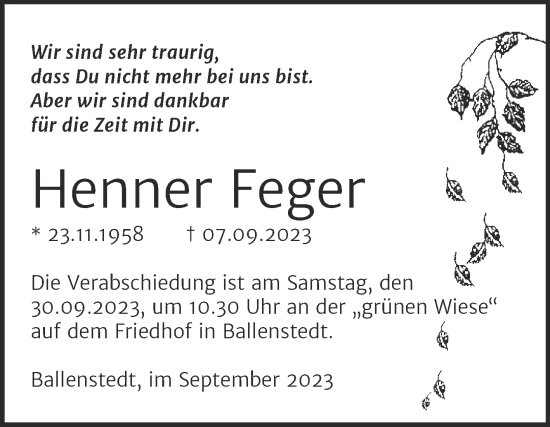 Traueranzeige von Henner Feger von Trauerkombi Quedlinburg