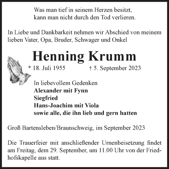 Traueranzeige von Henning Krumm von Volksstimme Haldensleben/Wolmirstedt