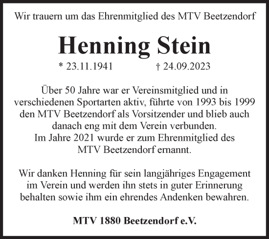 Traueranzeige von Henning Stein von Volksstimme Altmark West