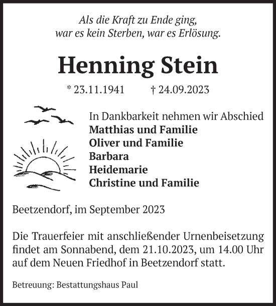 Traueranzeige von Henning Stein von Volksstimme Altmark West