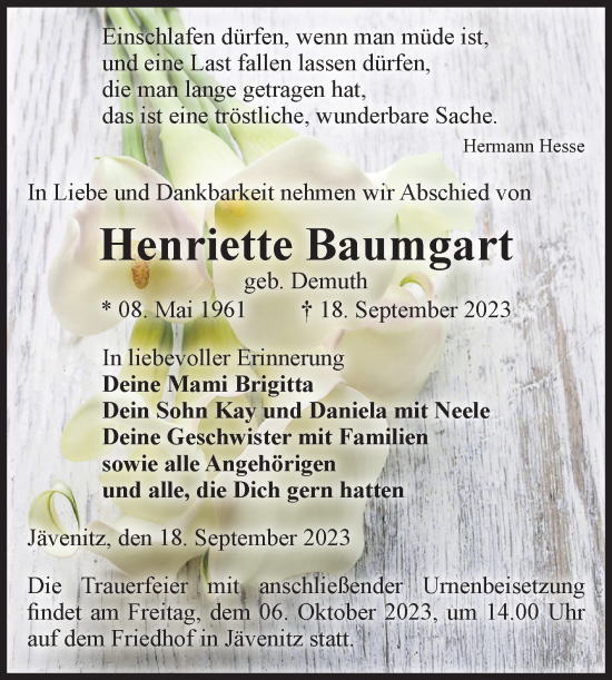 Traueranzeige von Henriette Baumgart von Volksstimme Altmark West