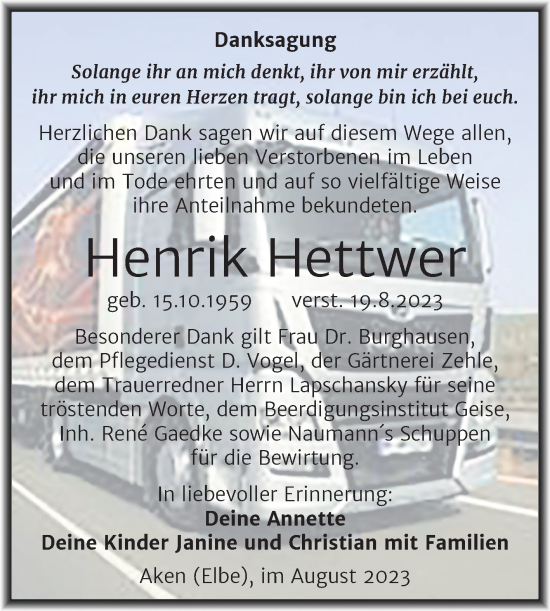 Traueranzeige von Henrik Hettwer von Trauerkombi Köthen