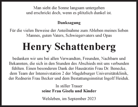 Traueranzeige von Henry Schattenberg von Volksstimme Schönebeck