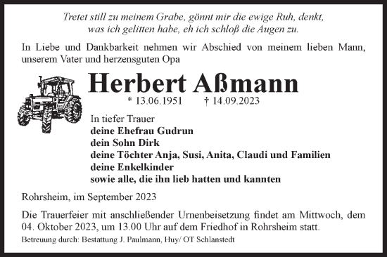 Traueranzeige von Herbert Aßmann von Volksstimme Halberstadt