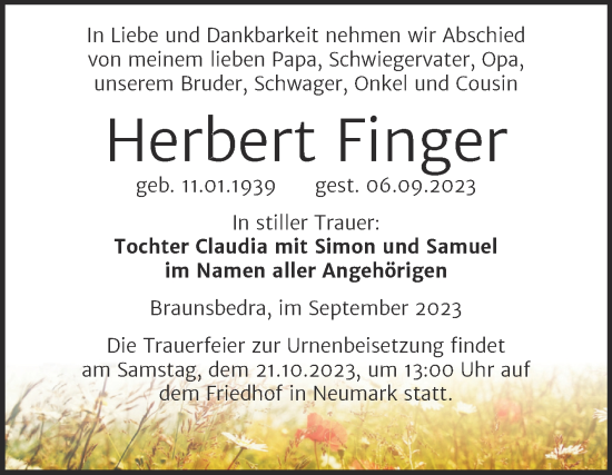 Traueranzeige von Herbert Finger von Trauerkombi Merseburg