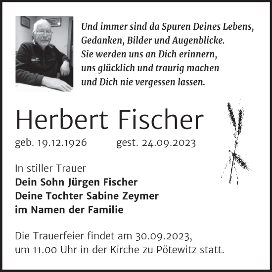 Traueranzeige von Herbert Fischer von Trauerkombi Zeitz