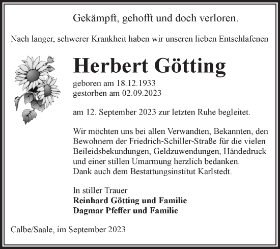 Traueranzeige von Herbert Götting von Volksstimme Schönebeck