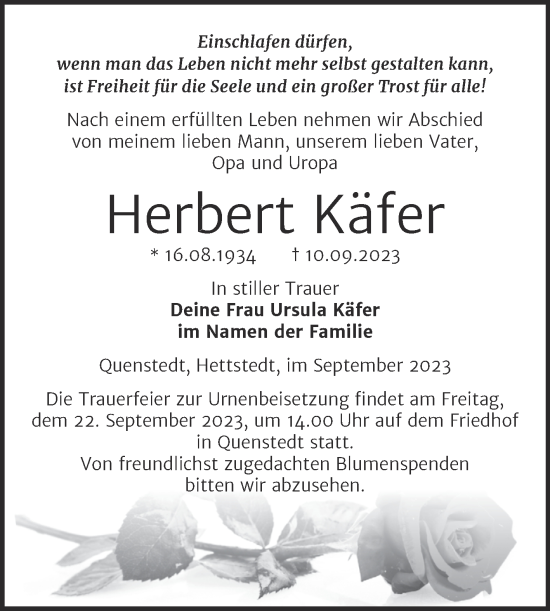 Traueranzeige von Herbert Käfer von Trauerkombi Mansfelder Land