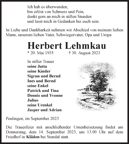 Traueranzeige von Herbert Lehmkau von Volksstimme Altmark Ost