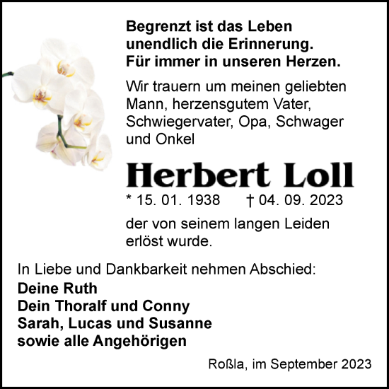 Traueranzeige von Herbert Loll von Trauerkombi Sangerhausen