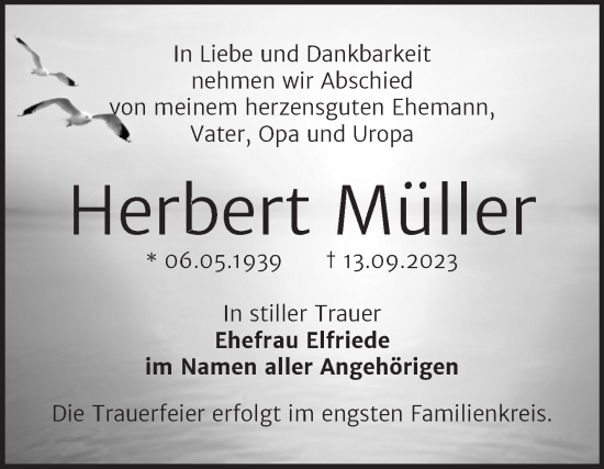 Traueranzeige von Herbert Müller von Trauerkombi Bernburg