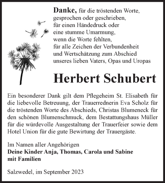 Traueranzeige von Herbert Schubert von Volksstimme Altmark West