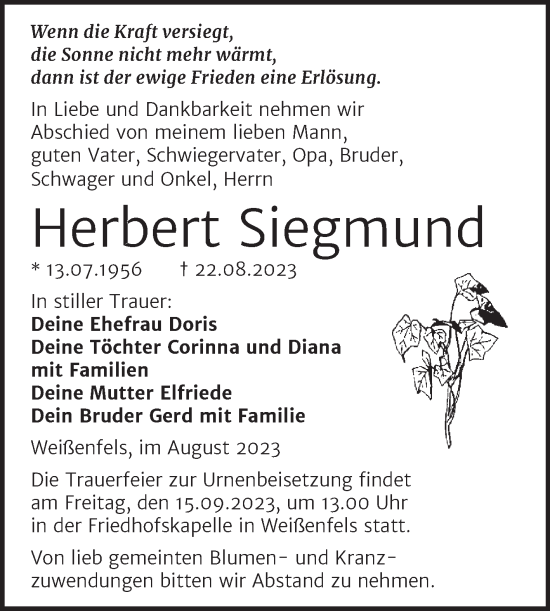 Traueranzeige von Herbert Siegmund von Trauerkombi Weißenfels