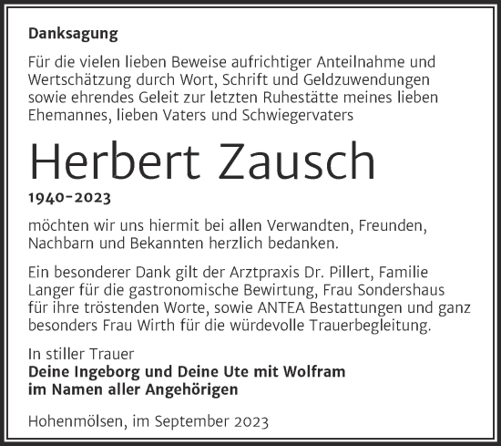 Traueranzeige von Herbert Zausch von Trauerkombi Weißenfels