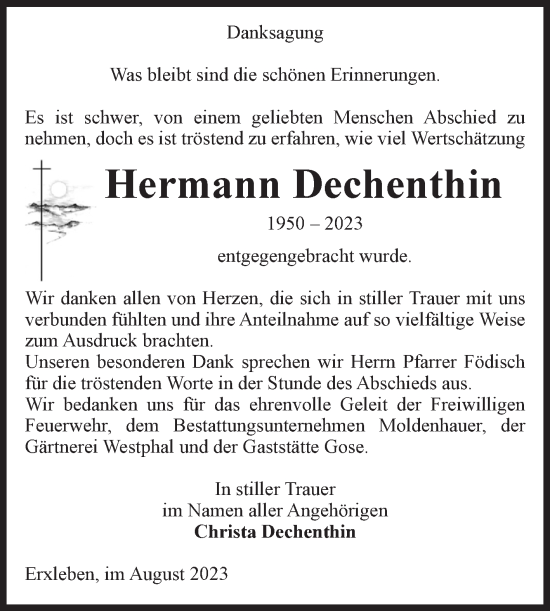 Traueranzeige von Hermann Dechenthin von Volksstimme Altmark Ost
