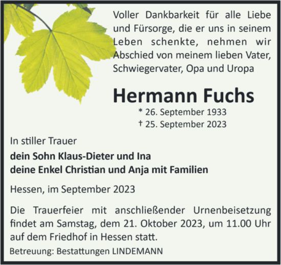 Traueranzeige von Hermann Fuchs von Volksstimme Halberstadt