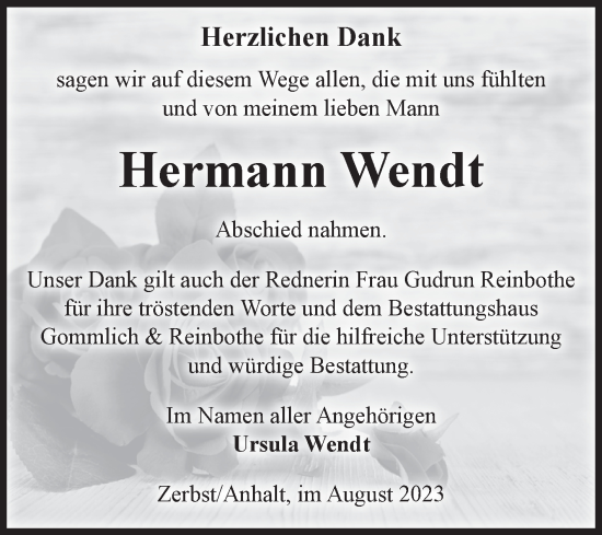 Traueranzeige von Hermann Wendt von Volksstimme Zerbst