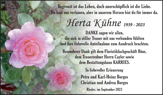 Traueranzeige von Herta Kühne von Trauerkombi Quedlinburg