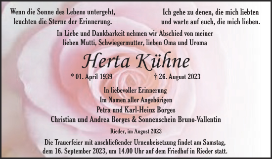 Traueranzeige von Herta Kühne von Trauerkombi Quedlinburg