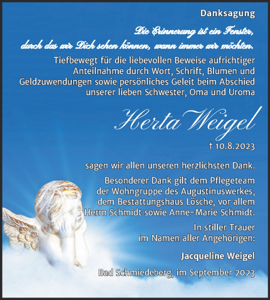 Traueranzeige von Herta Weigel von Trauerkombi Wittenberg