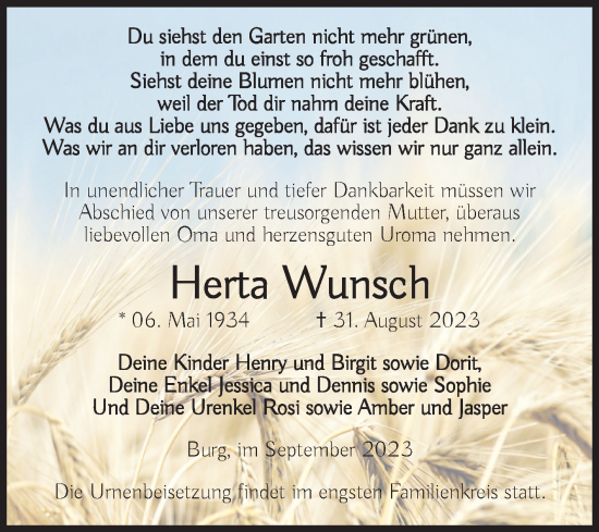 Traueranzeige von Herta Wunsch von Volksstimme Burg/Genthin