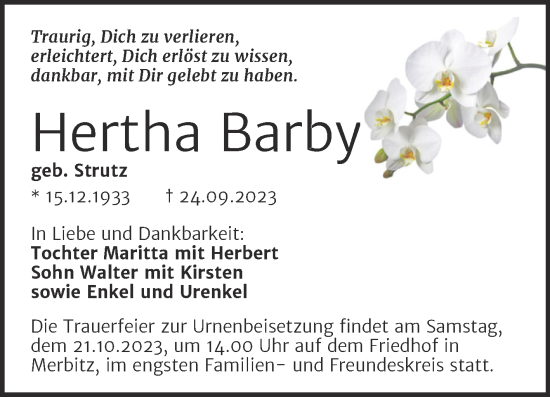 Traueranzeige von Hertha Barby von Mitteldeutsche Zeitung Halle/Saalkreis