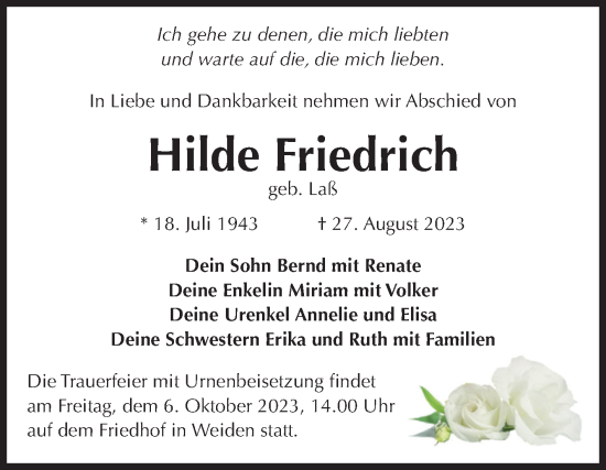 Traueranzeige von Hilde Friedrich von Volksstimme Zerbst