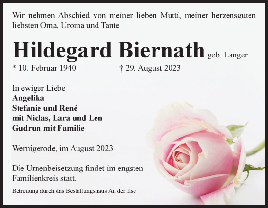 Traueranzeige von Hildegard Biernath von Volksstimme Wernigerode