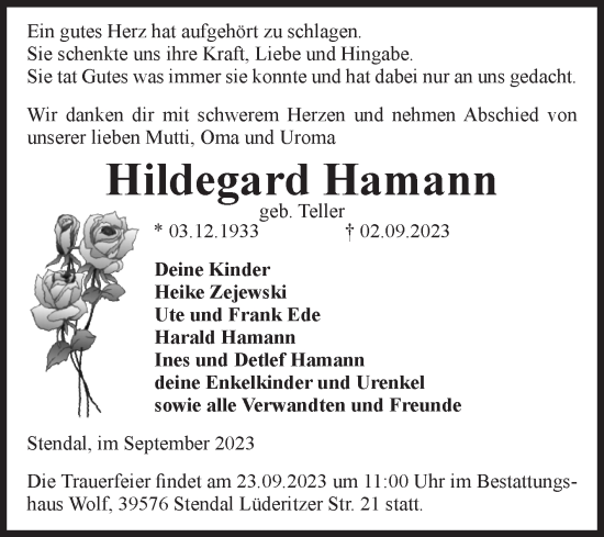 Traueranzeige von Hildegard Hamann von Volksstimme Altmark Ost