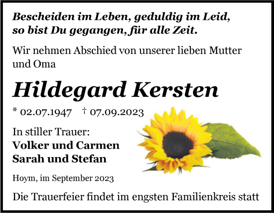 Traueranzeige von Hildegard Kersten von Trauerkombi Aschersleben