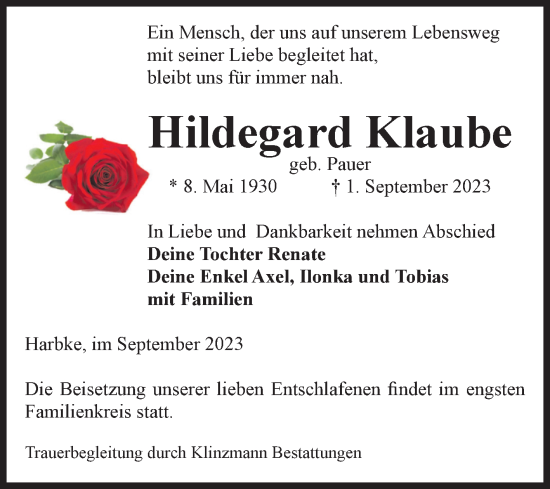 Traueranzeige von Hildegard Klaube von Volksstimme Oschersleben/Wanzleben