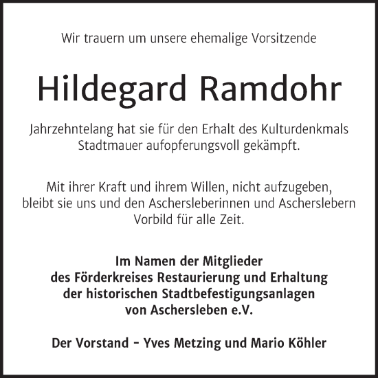 Traueranzeige von Hildegard Ramdohr von Super Sonntag Aschersleben