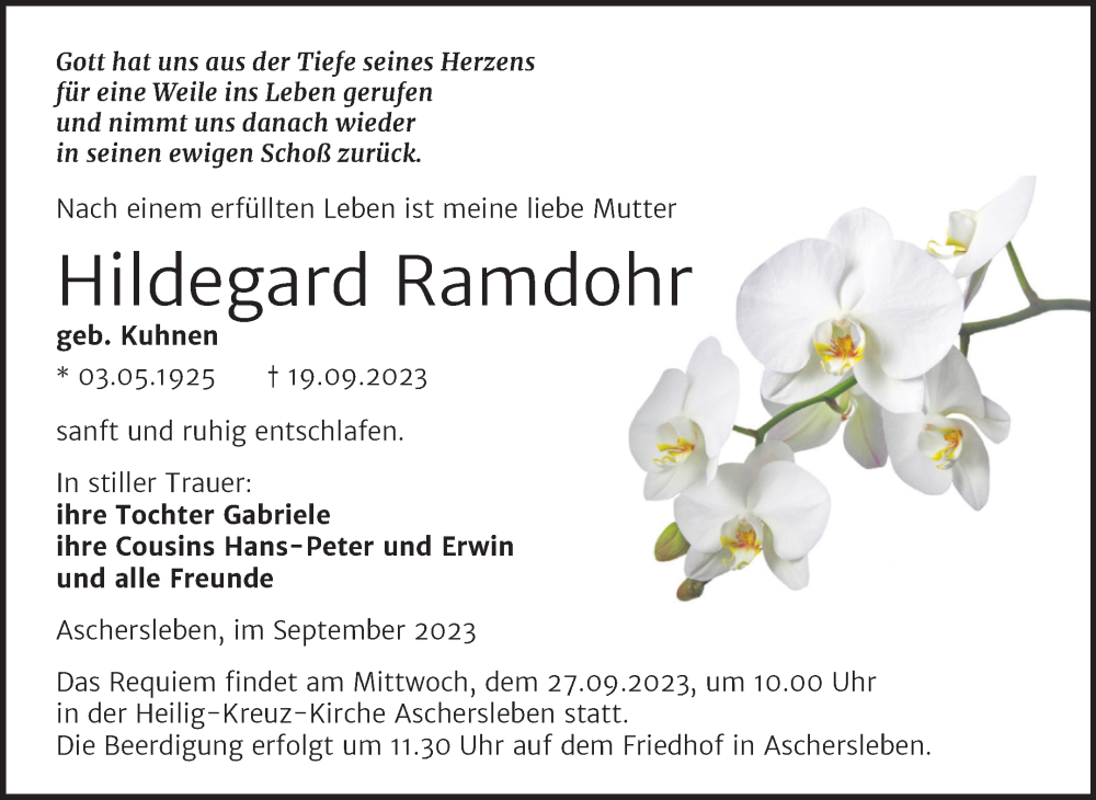  Traueranzeige für Hildegard Ramdohr vom 23.09.2023 aus Mitteldeutsche Zeitung Aschersleben