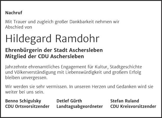 Traueranzeige von Hildegard Ramdohr von Mitteldeutsche Zeitung Aschersleben