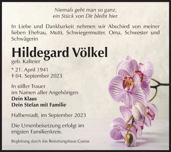 Traueranzeige von Hildegard Völkel von Volksstimme Halberstadt