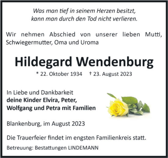 Traueranzeige von Hildegard Wendenburg von Volksstimme Wernigerode