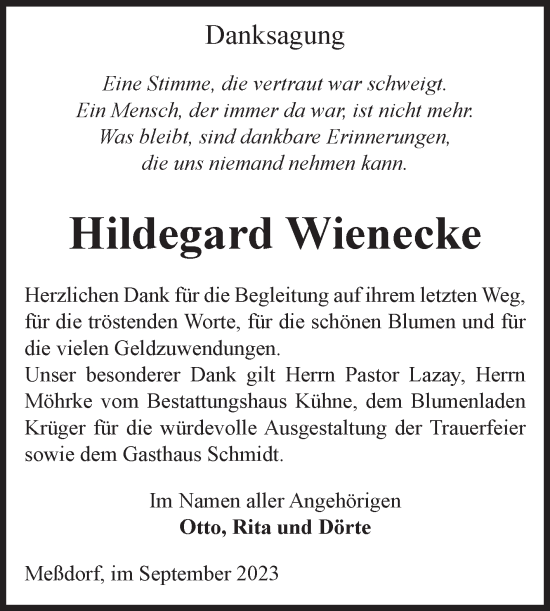 Traueranzeige von Hildegard Wienecke von Volksstimme Altmark Ost