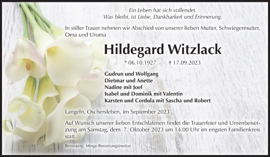 Traueranzeige von Hildegard Witzlack von Volksstimme Wernigerode