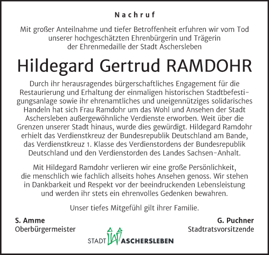 Traueranzeige von Hildegard Gertrud Ramdohr von Super Sonntag Aschersleben