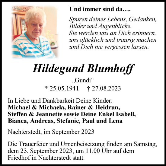 Traueranzeige von Hildegund Blumhoff von Trauerkombi Aschersleben