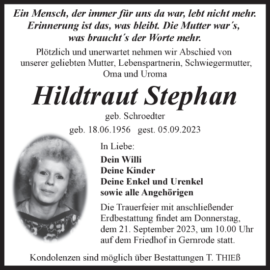 Traueranzeige von Hildtraut Stephan von Trauerkombi Quedlinburg