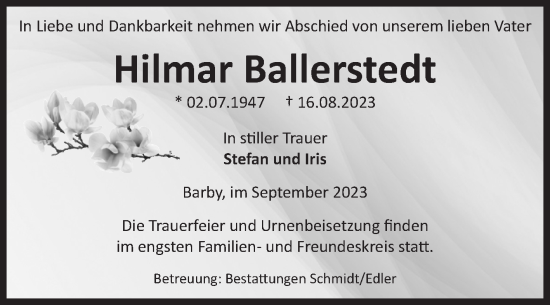 Traueranzeige von Hilmar Ballerstedt von Volksstimme Schönebeck