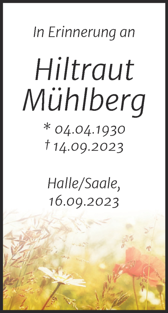  Traueranzeige für Hiltraut Mühlberg vom 16.09.2023 aus Mitteldeutsche Zeitung Halle/Saalkreis