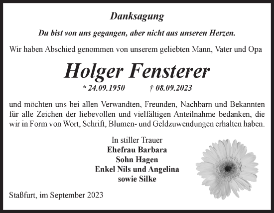Traueranzeige von Holger Fensterer von Volksstimme Staßfurt