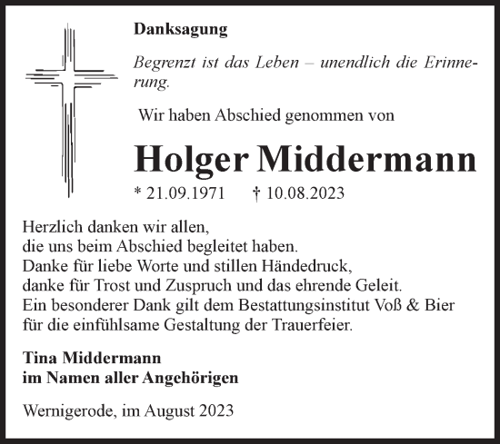 Traueranzeige von Holger Middermann von Volksstimme Wernigerode